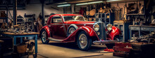 Historical Luxury Red Old Veteran Car In Garage With Workshop, Banner Made With Generative AI