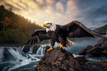 A Powerful Bald Eagle Soaring Through Nature With Wings Spread. Generative AI