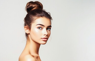 Wall Mural -   Portrait of young female brunette  girl with bun hairstyle