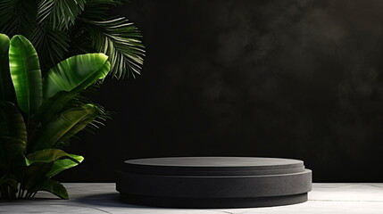 Fototapete - Realistic Empty dark grey product display podiums with foliage and plants, modern minimalist black background with warm, earthy tones. Presentation showcase backdrop. Generative AI