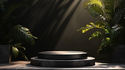 Fototapete - Realistic Empty dark grey product display podiums with foliage and plants, modern minimalist black background with warm, earthy tones. Presentation showcase backdrop. Generative AI
