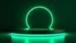 Beautiful minimalistic dark background for product presentation with podium and green neon lights (KI-/AI-generiert)