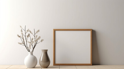Poster - A side view of an empty square frame mockup positioned on a white wall in a modern minimalist interior