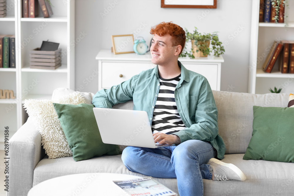 Young redhead man using laptop on sofa at home