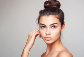 Wall Mural -  Portrait of young female brunette  girl with bun hairstyle