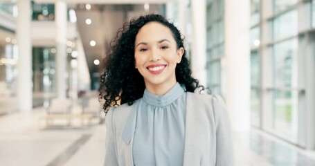 Poster - Happy, smile and walking with business woman in office for professional, manager and pride. Face, happiness and entrepreneur with portrait of female employee for career, positive and confidence