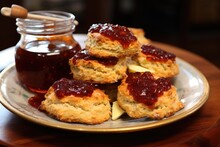 Homemade Scones With Jam And Butter On A Plate
