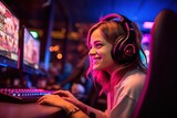 Fototapeta Tulipany - Game time, Happy female gamer live recording 