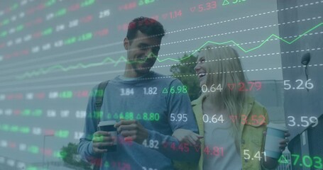 Poster - Animation of stock market data processing over happy caucasian couple walking on the street