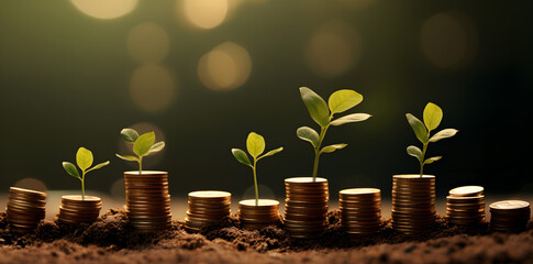 Seedling growing on a pile of coins has a natural backdrop, blurry green, money-saving ideas, and economic growth created  with Generative AI technology