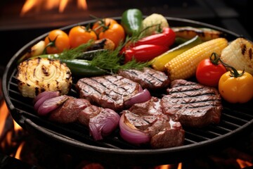 close-up of sizzling grill with juicy steaks and vegetables