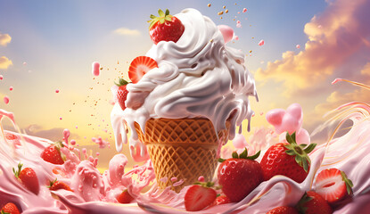 3d illustration  of  strawberry ice-cream created  with Generative AI technology