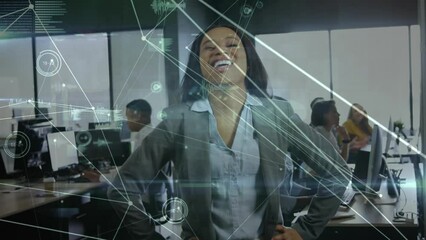 Poster - Animation of network of connections over african american businesswoman smiling at office