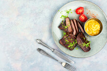 Fried Tasty Ostrich Steaks, Space For Text
