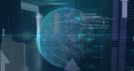 Poster - Animation of spinning globe, data processing and arrow icons moving upwards against server room