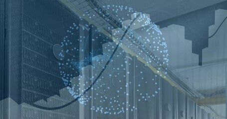 Poster - Animation of spinning globe and statistical data processing against computer server room