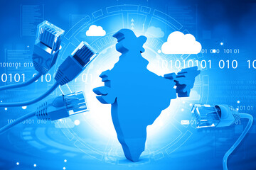 Poster - Network cables and India map on modern technology background. 3d illustration. 3d illustration.