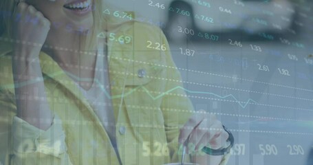 Poster - Animation of stock market data processing over happy caucasian woman talking to a friend at a cafe