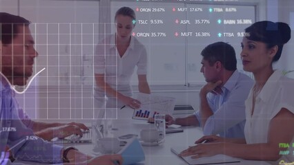 Poster - Animation of stock market data processing over diverse businesspeople discussing at office