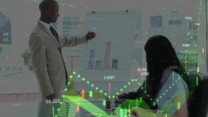 Poster - Animation of financial data processing against african american businesman giving a presentation