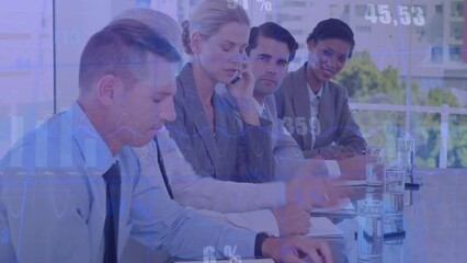 Poster - Animation of statistical data processing over diverse businesspeople in meeting room at office