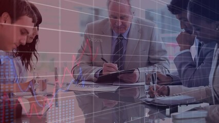 Poster - Animation of statistical data processing over diverse businesspeople taking notes together at office