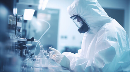 Wall Mural - A man in protective clothing working on equipment. Pharmaceautical clean room, industrial design, large scale chemical production in controlled sterile conditions