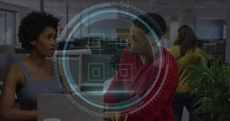 Poster - Animation of cyber security text and barcode over diverse coworkers analyzing report over laptop