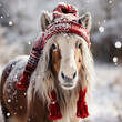 Pony with red winter hat at snowy background, outdoor. Generative Ai 