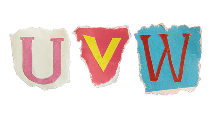Sticker - U, V and W alphabets on torn colorful paper . Ransom note style letters.