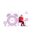 © berkah design - The clock shows time with a male employee sitting and working with a laptop, trying to meet the deadline. Trend Modern vector flat illustration