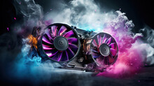 Dynamic shot of a GPU with visible spinning cooling fans with colorful smoke