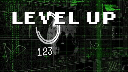 Poster - Animation of level up text over programming language and hud interface screens