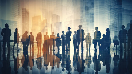 Double exposure image of many business people conference group