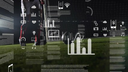 Poster - Animation of computer icons and programming language over caucasian male player practicing soccer