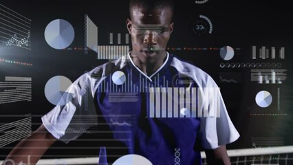 Poster - Animation of graphs and programming language over african american male player with soccer ball