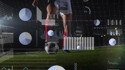 Poster - Animation of graphs and programming language over low section of caucasian player practicing soccer