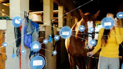 Poster - Animation of connected icons over caucasian woman holding horse and talking on cellphone at stable