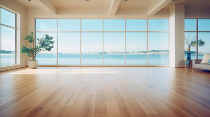 Empty apartment room with wooden floor of beach house. Sea view from windows. Copy space. Generative AI