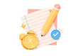 © accogliente - 3D Paper note with pencil and alarm clock. School test or exam. Task management todo check list. Office supplies. Planner concept. Cartoon creative design icon isolated. 3D Rendering