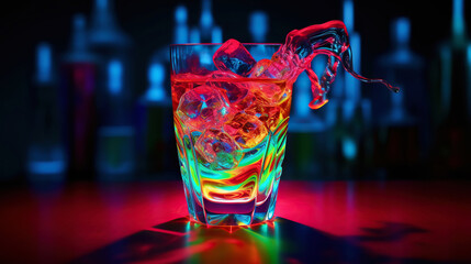 Glass of cocktail in hypnotic neon light. Colorful rave party drink. Generative AI