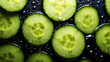 Fresh green cucumber slices with water drops background. Vegetables backdrop. Generative AI