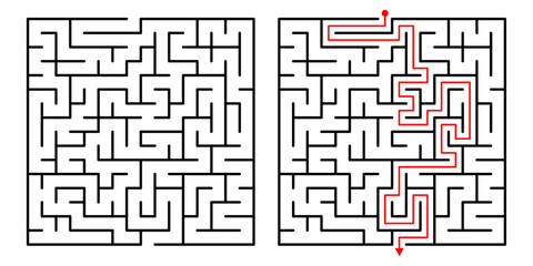 Vector Square Maze. Labyrinth with Included Solution in Black  Red. Funny  Educational Mind Game 