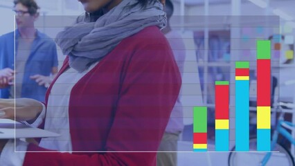 Poster - Animation of multicolored graph over biracial woman standing and using digital tablet in office