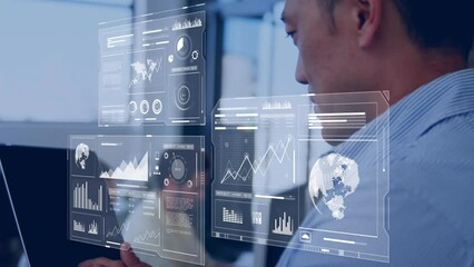 Poster - Animation of graphs, map, globe, loading bars and circles over asian man surfing on digital tablet