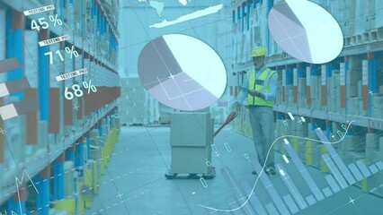 Poster - animation of infographic interface over caucasian man pulling trolley with boxes in warehouse