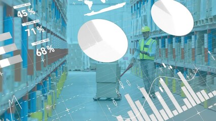 Poster - animation of infographic interface over caucasian man pulling trolley with boxes in warehouse