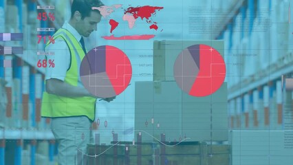 Poster - animation of infographic interface, caucasian man feeding cardboard boxes details in digital tablet