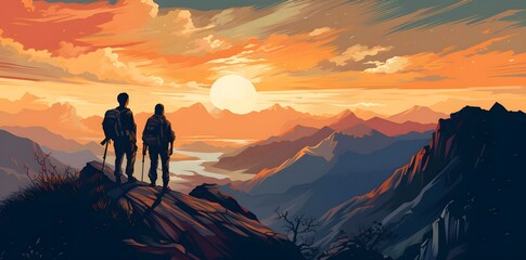 people hiking in beautiful mountain landscape at sunset.poster art, fictional landscapes created wit