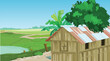 View of green village landscape with wooden house  in asian village - vector